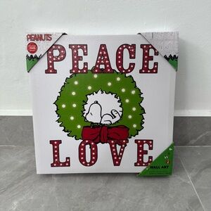 Peanuts Peace Love Snoopy Dog House Christmas Wreath Hanging Wall Decor Canvas